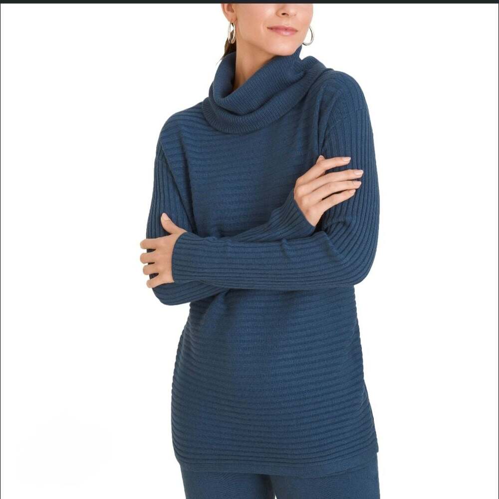 Chico's Energy Blue Ribbed Cowl Neck Tunic Sweater Size XL (3)